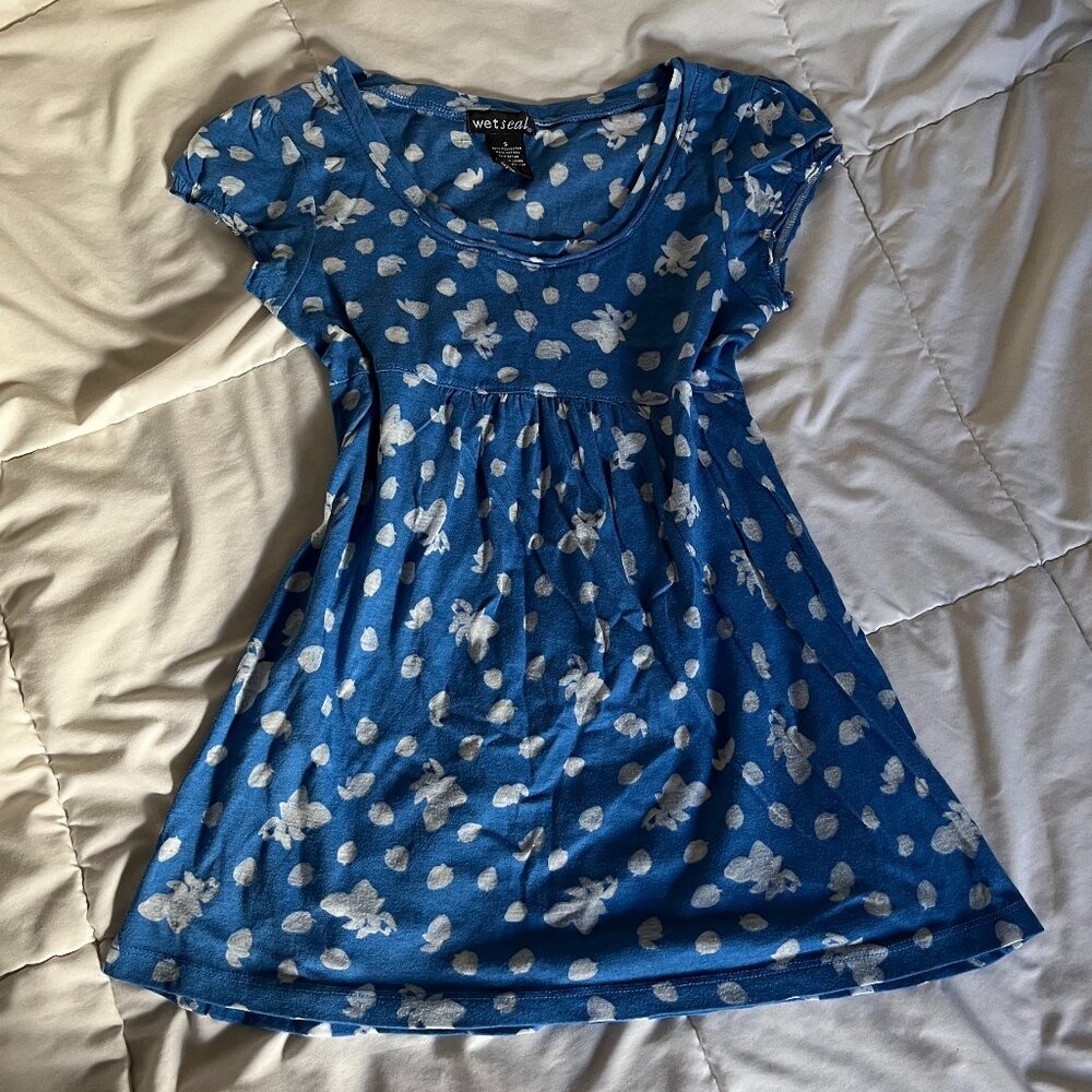 Wet Seal Vintage Y2K Blue Babydoll Short Sleeve Top Strawberry Print S